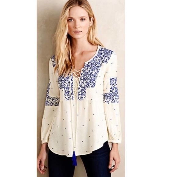 Anthropologie Tops - #20 VANESSA VIRGINIA l Ivory Blue Embroidery Tassels Boho Tunic Top S